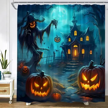 Ужас Хелоуин душ завеси смешно тиква замък гора нощ пейзаж полиестер кърпа баня завеса декор комплект с куки