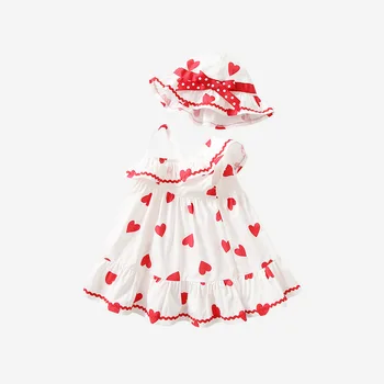 бебе момиче рокля 2023 лято сладък сладко бебе деца бяла пола без ръкави с червено сърце дама дете сарафан с шапка жилетка