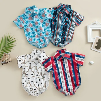 Западна бебешка риза ританки лято случайни къс ръкав графичен бутон нагоре ревера бодита за новородени бебета момчета 0-24Months