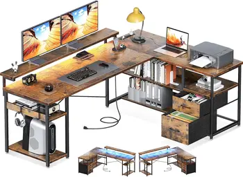 ODK L образно игрално бюро с електрически контакти & LED лента, 61 инчово реверсивно компютърно бюро с чекмедже за файлове, домашен офис бюро остроумие