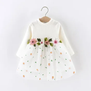 PatPat бебе момиче бял оребрени дълъг ръкав снаждане флорални бродирани окото рокля мека и удобна перфектен за излети