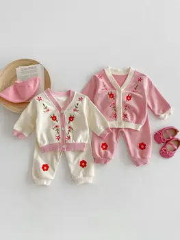 бебешки дрехи 2024 пролетни корейски момичета анцуг бродерия цвете жилетка върховете + панталони 2бр деца момиче случайни суитчър костюм