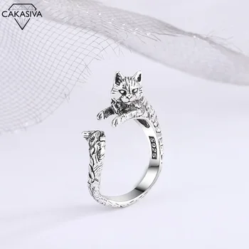 S925 Сребърен реколта пръстен ретро лежеше котка дълго тяло котка пръстен сладък карикатура женски прост дизайн пръстен
