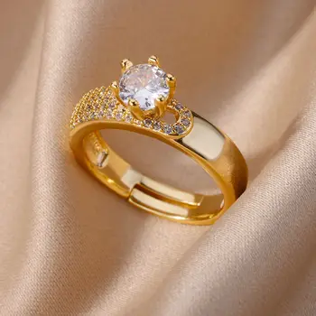 Кръгли пръстени от неръждаема стомана за жени Циркон геометрични злато цвят кристал пръстен естетически сватбено тържество Jewerly подарък Bague Femme
