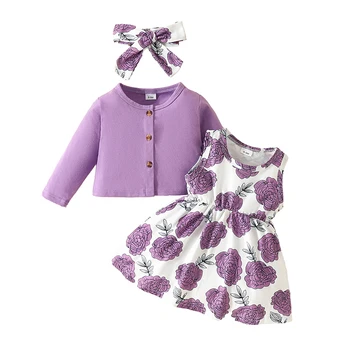 0-3 години Малко дете бебе момиче дрехи 3PCS комплекти плътен цвят палто с флорални щампи рокля без ръкави & лента за глава бебешки екипировки