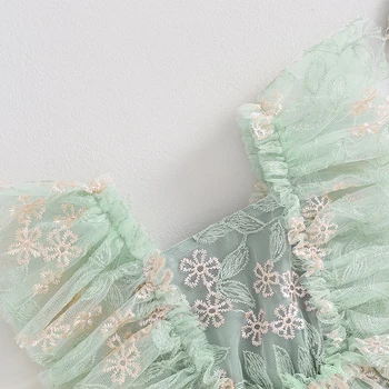 Бебе момичета принцеса ританки рокля бебе елегантен флорални бродерия къдри ръкав гащеризони тюл лента за глава за новородени дрехи